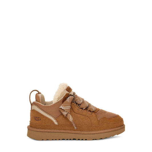 Brown sneaker with shearling lining on a white background