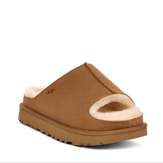 A pair of Women's UGG Greenport Slide sandals in brown color with sheepskin lining visible.