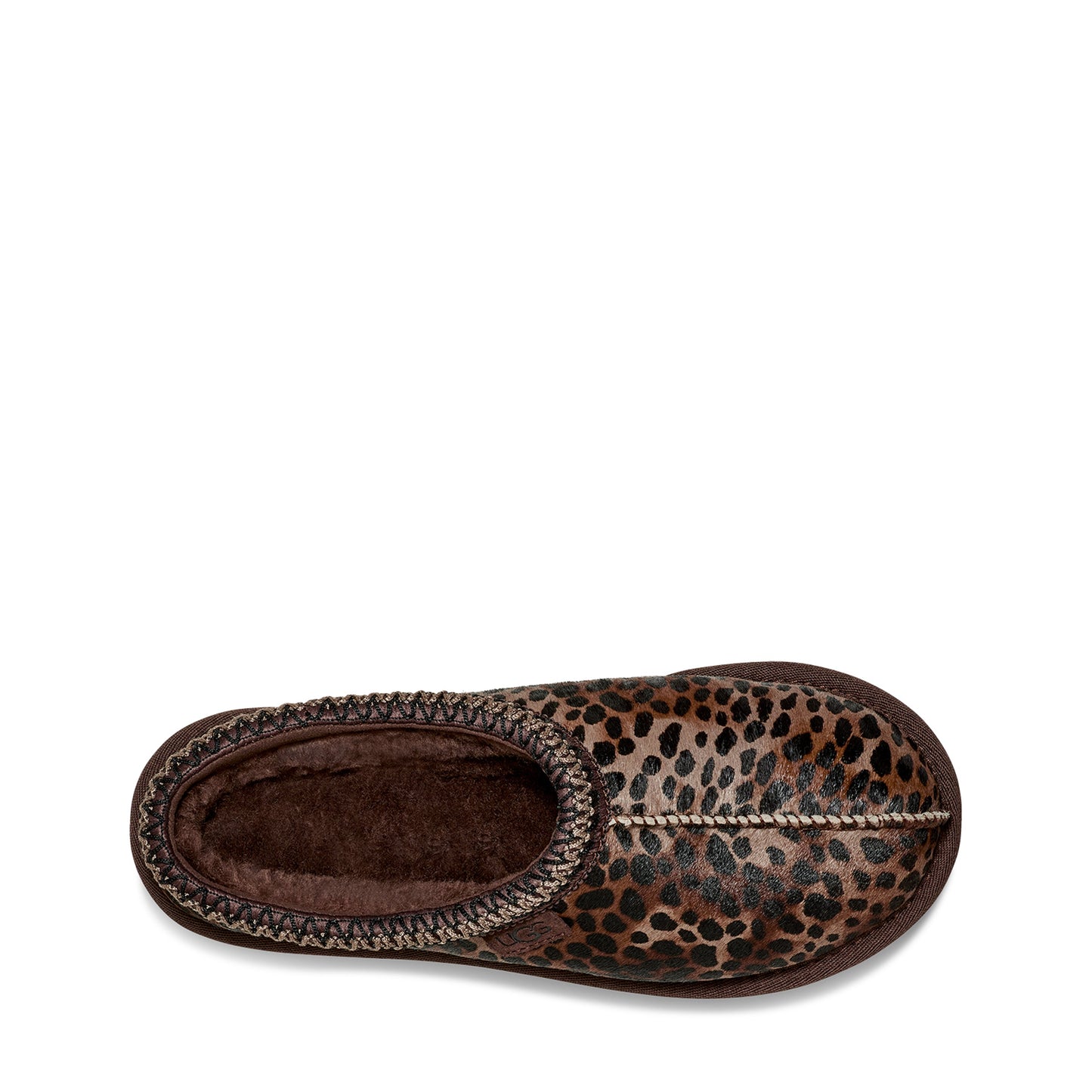Brown slipper with leopard print trim on a white background