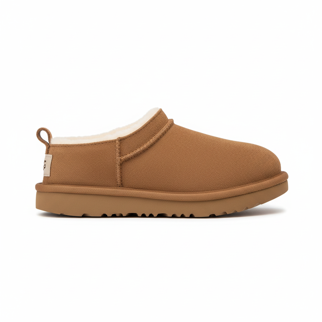 Brown slipper with beige interior on a white background
