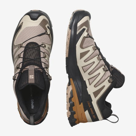 Pair of hiking shoes with camouflage pattern on a white background