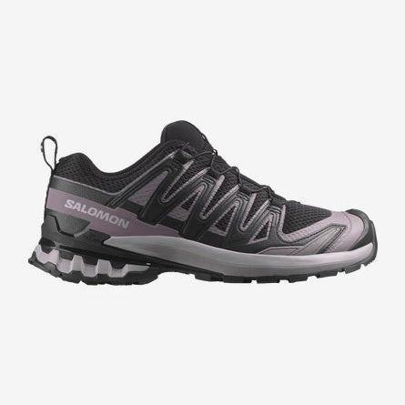 Black and gray Salomon running shoe on a white background