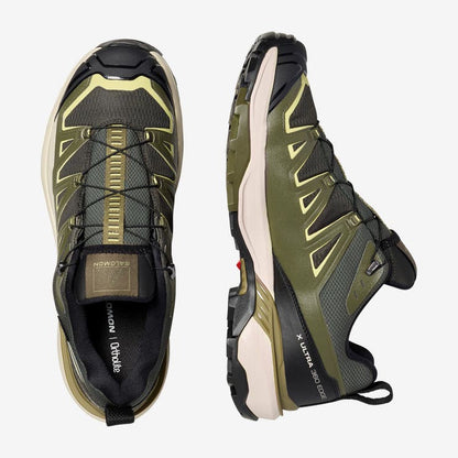 Pair of hiking shoes shown from multiple angles on a white background